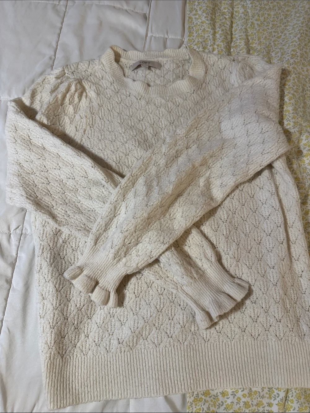 LOFT Cream Cable-Texture Crewneck Sweater